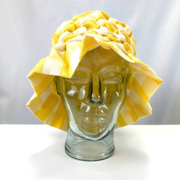60s Vintage Gingham smocked mesh womens Sunhat yellow white Packable stretch fit - Picture 3 of 11